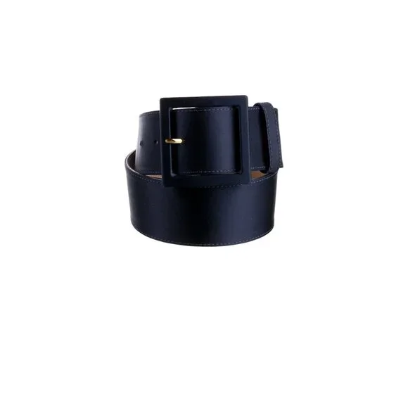 St. John Black Wide Belt With Gold Buckle Leather & Polyurethane Size 12 USA - Picture 2 of 9